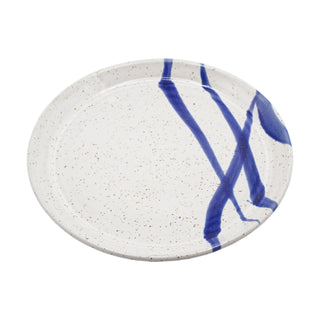 Hand-thrown Stoneware Dinner Plate in Speckled White with Cobalt Accents
