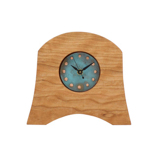 Wooden bell-shaped clock made from sustainable Appalachian Cherry with round green patina copper face, American Liberty Mantel Clock