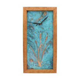 Patina Dragonfly with Cat Tails, Tall Handcrafted Wooden Box Clock