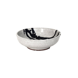 Small white bowl with cobalt blue accent lines across corner.