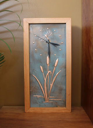 Patina Dragonfly with Cat Tails, Tall Handcrafted Wooden Box Clock