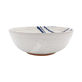 Large Hand-thrown Stoneware Serving Bowl in Speckled White with Cobalt Accents