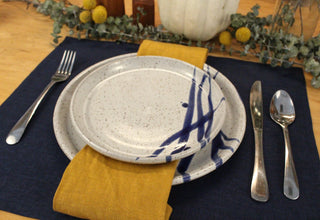 Hand-thrown Stoneware Dinner Plate in Speckled White with Cobalt Accents