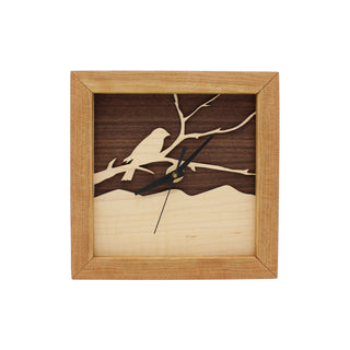 Bird on a Branch - Walnut & Maple, handcrafted Cherry Wooden Box Clock with Bird on a Branch design in maple over a walnut background.