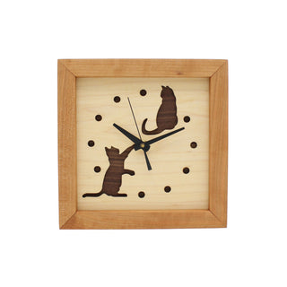 Cats at Play, handcrafted cherry wooden Box Clock with cat design in maple over a walnut background.