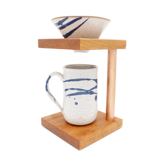 Coffee Pour-Over, Handcrafted Wooden Stand with Stoneware Cone