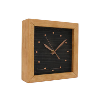 Handcrafted Cherry Wooden Box Clock with distressed black face with copper tacks. Angle view