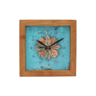 Patina Dogwood, handcrafted cherry wooden Box Clock with patina copper face embossed with a dogwood blossom.