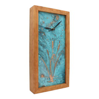 Patina Dragonfly with Cat Tails, Tall Handcrafted Wooden Box Clock