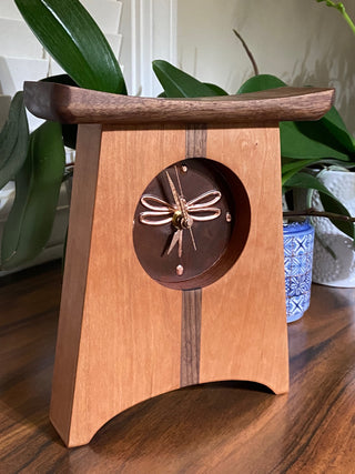 East of Appalachia - Bronze Dragonfly, Handcrafted Wooden Mantel Clock