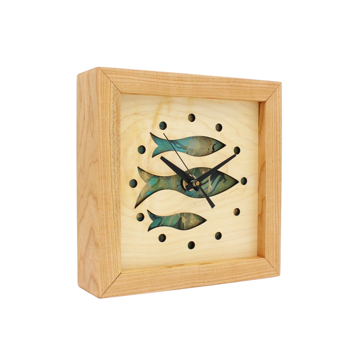 Fish at School - Aqua, Handcrafted Wooden Box Clock