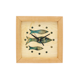 Fish at School, handcrafted cherry wooden Box Clock with fish design in maple over a aqua background.