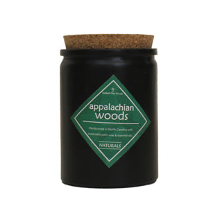 Appalachian Woods scented palm wax candle, made with essential oils in a black jar with a cork lid.