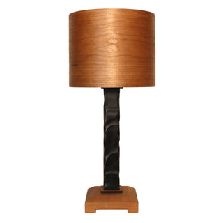 Black Cherry Lamp, handcrafted wood lamp with cherry base, distressed black column and cherry veneer wooden cylinder drum shade.