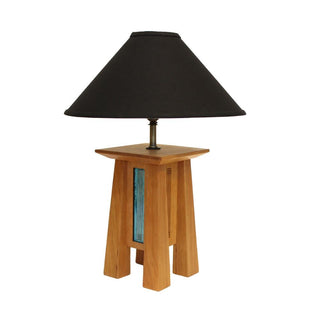 Standard height 4-legged cherry wood lamp base with patina copper sides and black linen lamp shade.