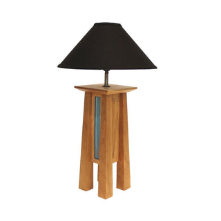 Tall 4-legged cherry wood lamp base with patina copper sides and black linen lamp shade.