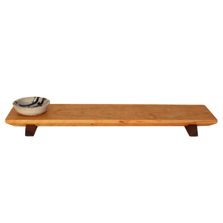 Long cherry wood (walnut wood feet) sushi tray with white and blue sauce bowl.