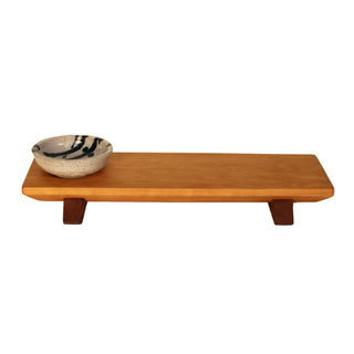 Short cherry wood (walnut wood feet) sushi tray with white and blue sauce bowl.