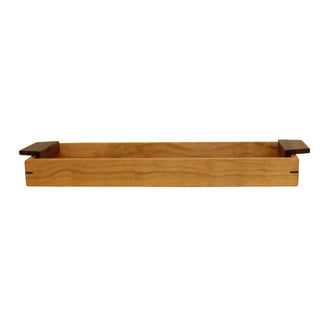 Narrow rectangular cherry wood tray with 1.75" sides and walnut handles on both ends.